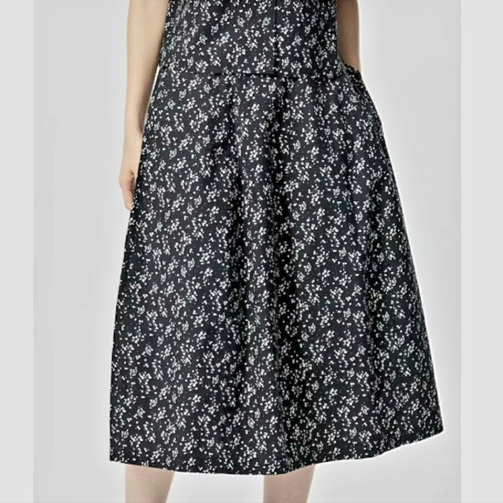 Uniglo Black White Floral 100% Cotton Cocoon Midi Skirt Pockets Size 12